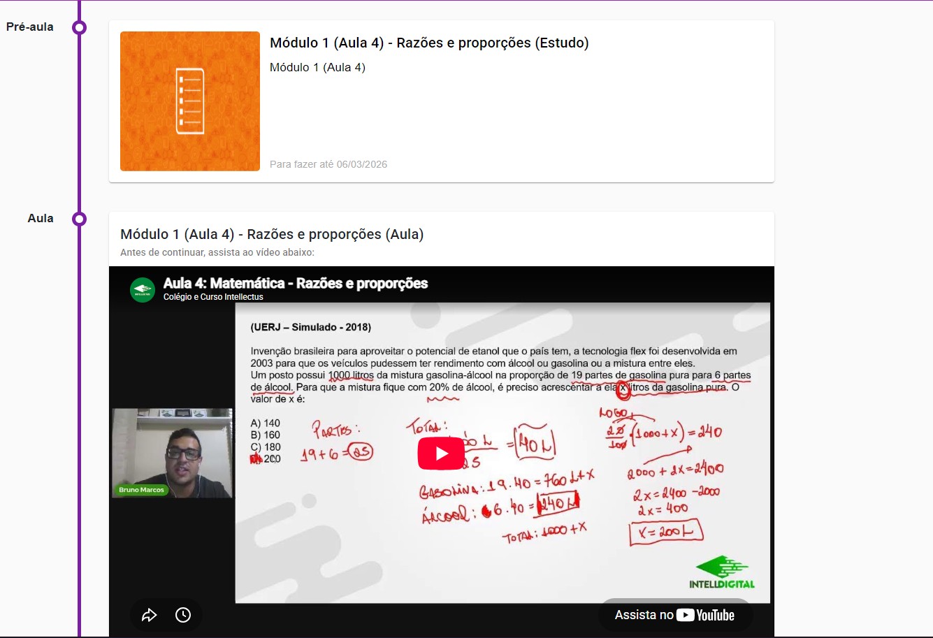 Print real da plataforma IRIUM: pré-aula e videoaula de Matemática